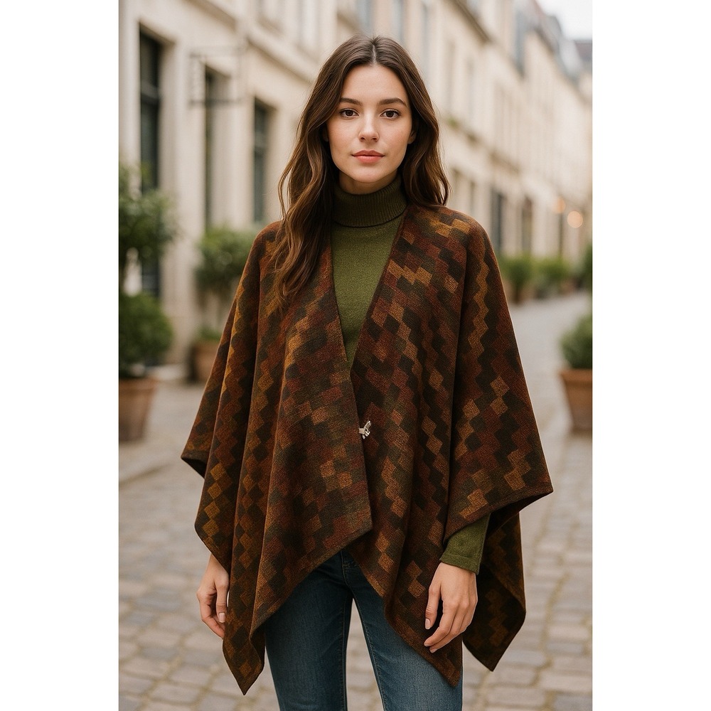 Women's Brown Patterned Wrap Poncho - Unbranded